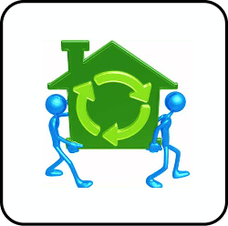 Two cartoon style men carrying a house with a recycle logo on it.
