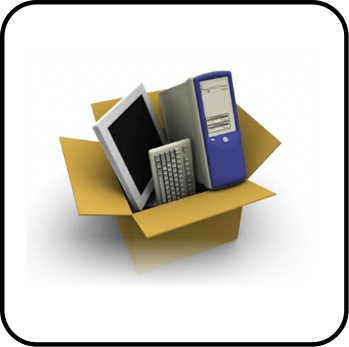 A box containing office equipment ready to be moved.