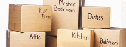 Labeled boxes ready to be moved.